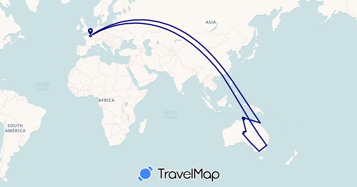 TravelMap itinerary: driving in Australia, France, Hong Kong (Asia, Europe, Oceania)